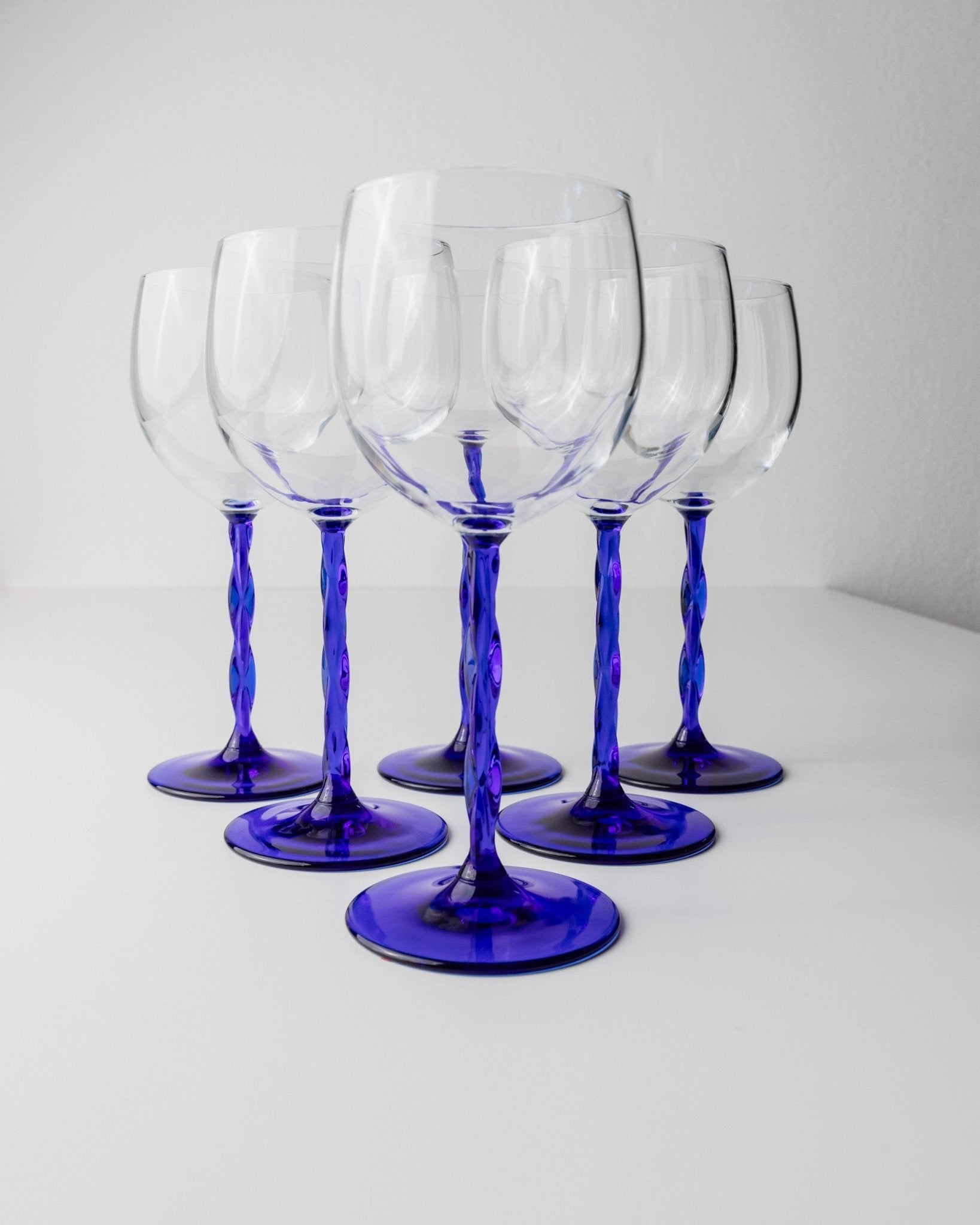6 vintage Murano glass wine glasses - cobalt blue, twisted stem, elegant  design Italy 70s