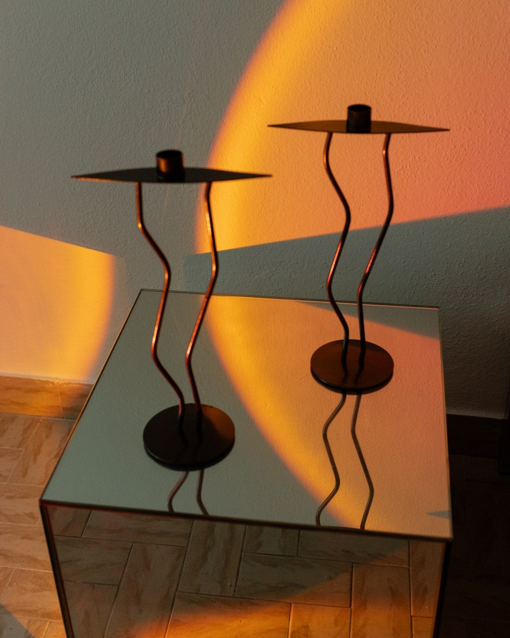 2 of 4 metal candlesticks - zigzag shape 90s look - postmodern memphis style - Italy 1990s - Bottega Jacobs