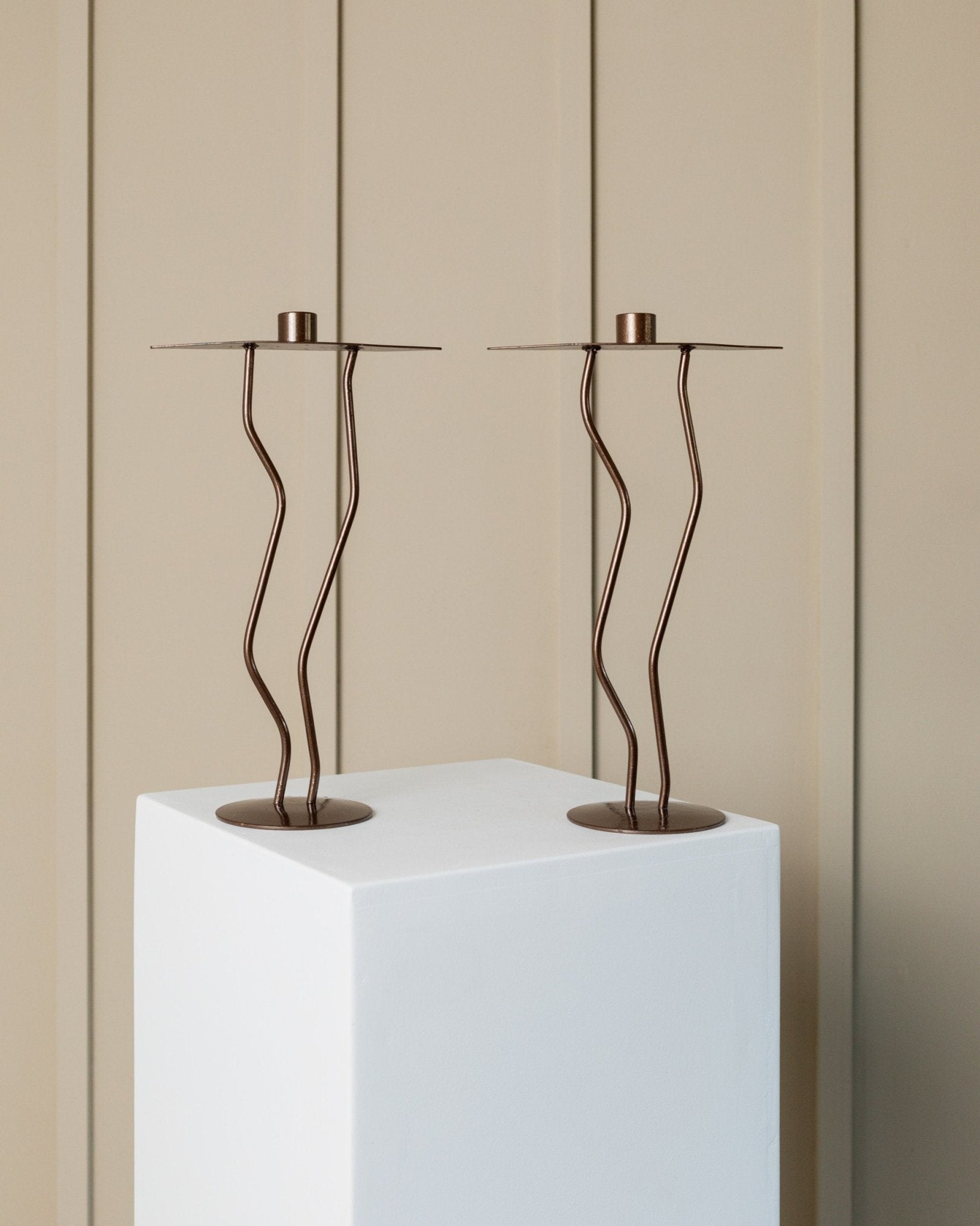 2 of 4 metal candlesticks - zigzag shape 90s look - postmodern memphis style - Italy 1990s - Bottega Jacobs