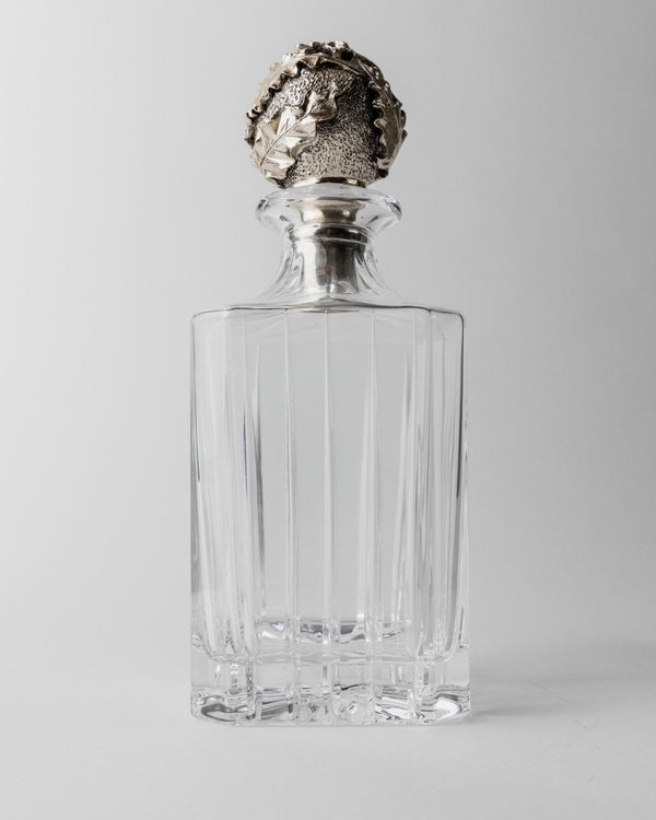 2 Vintage Glass Decanters with silver - plated Stoppers in Oak Motif - Art Deco Style Italy 1950s - Gift, Bar Accessory for Whiskey, Liquor_Bottega Jacobs