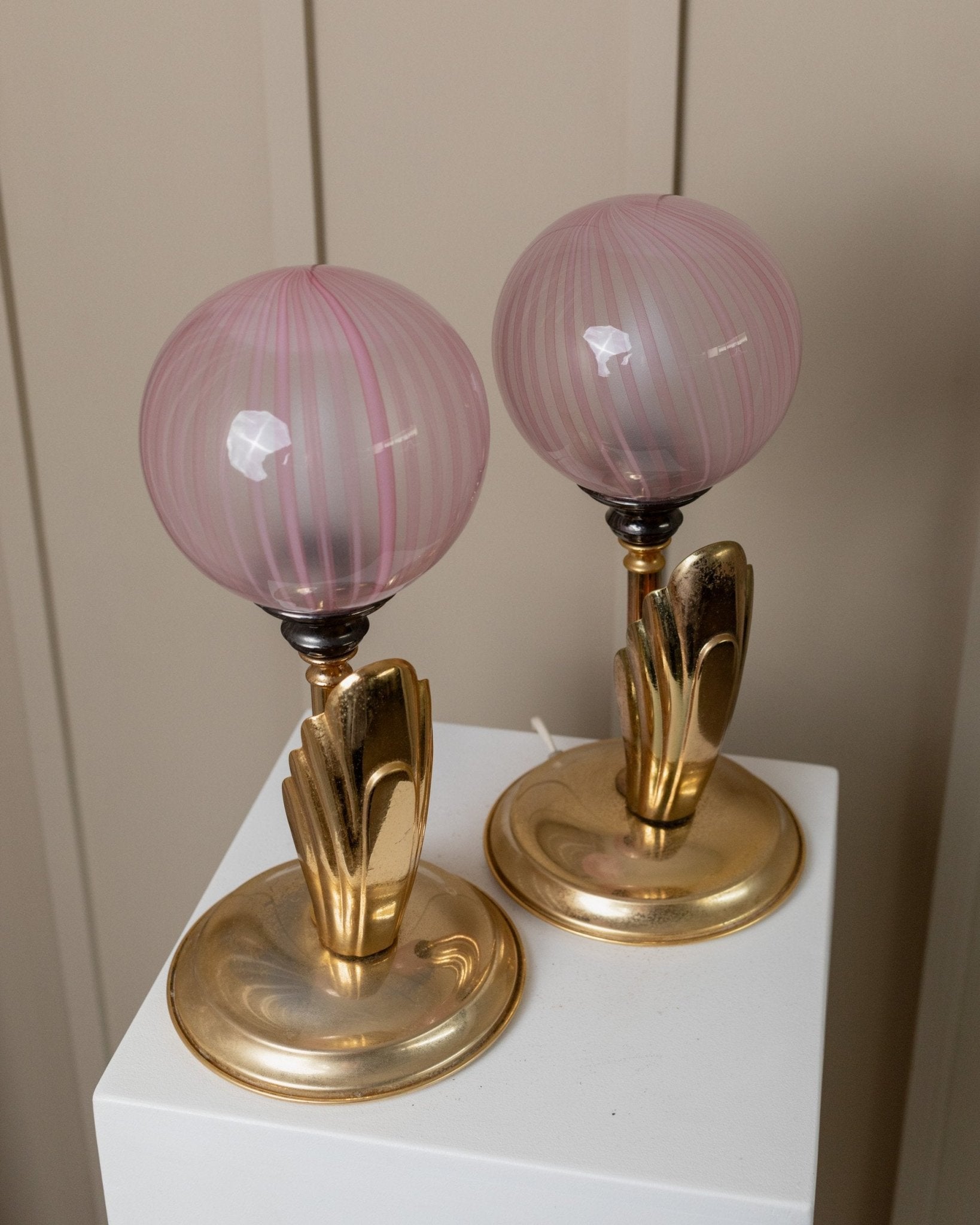 2 Vintage Table Lamps - Filigrana Murano Glass Balls from 1960s Italy - Pink Swirl, Floral Lamp Hollywood Regency Style, Gift Idea - Bottega Jacobs