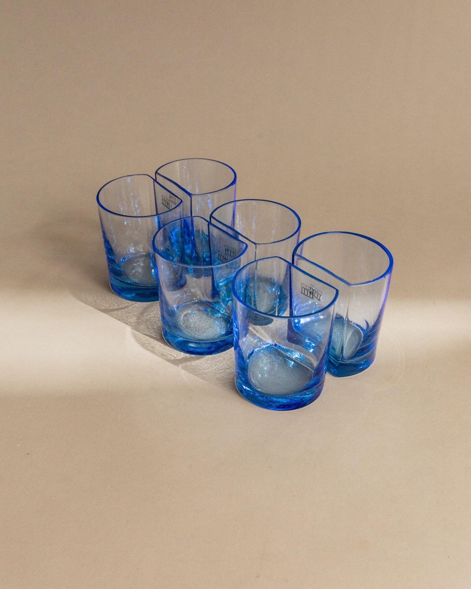 6 Vintage Drinking Glasses in Blue - Arched Design by Pitti Studio Mid Century, Italy 1980s - Colorful, Stylish Table Decoration, Gift Idea_Bottega Jacobs