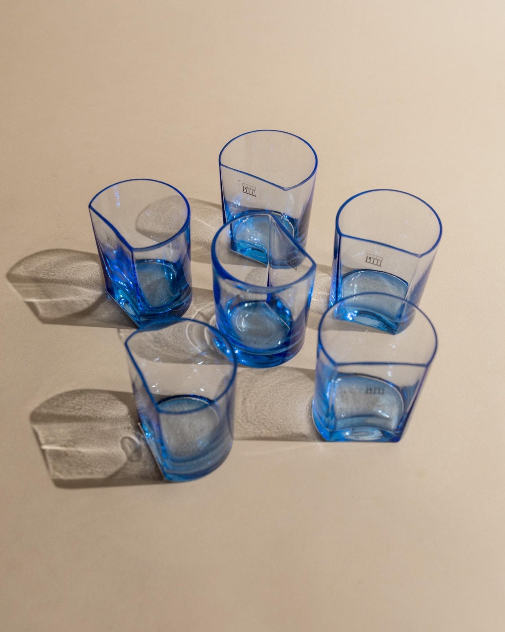 6 Vintage Drinking Glasses in Blue - Arched Design by Pitti Studio Mid Century, Italy 1980s - Colorful, Stylish Table Decoration, Gift Idea_Bottega Jacobs