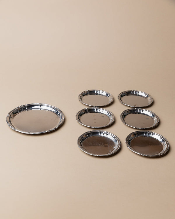 7 vintage stainless steel coasters - Italy 1980s - timeless design, decorated edge - Noble vintage table decoration, elegant gift idea - Bottega Jacobs