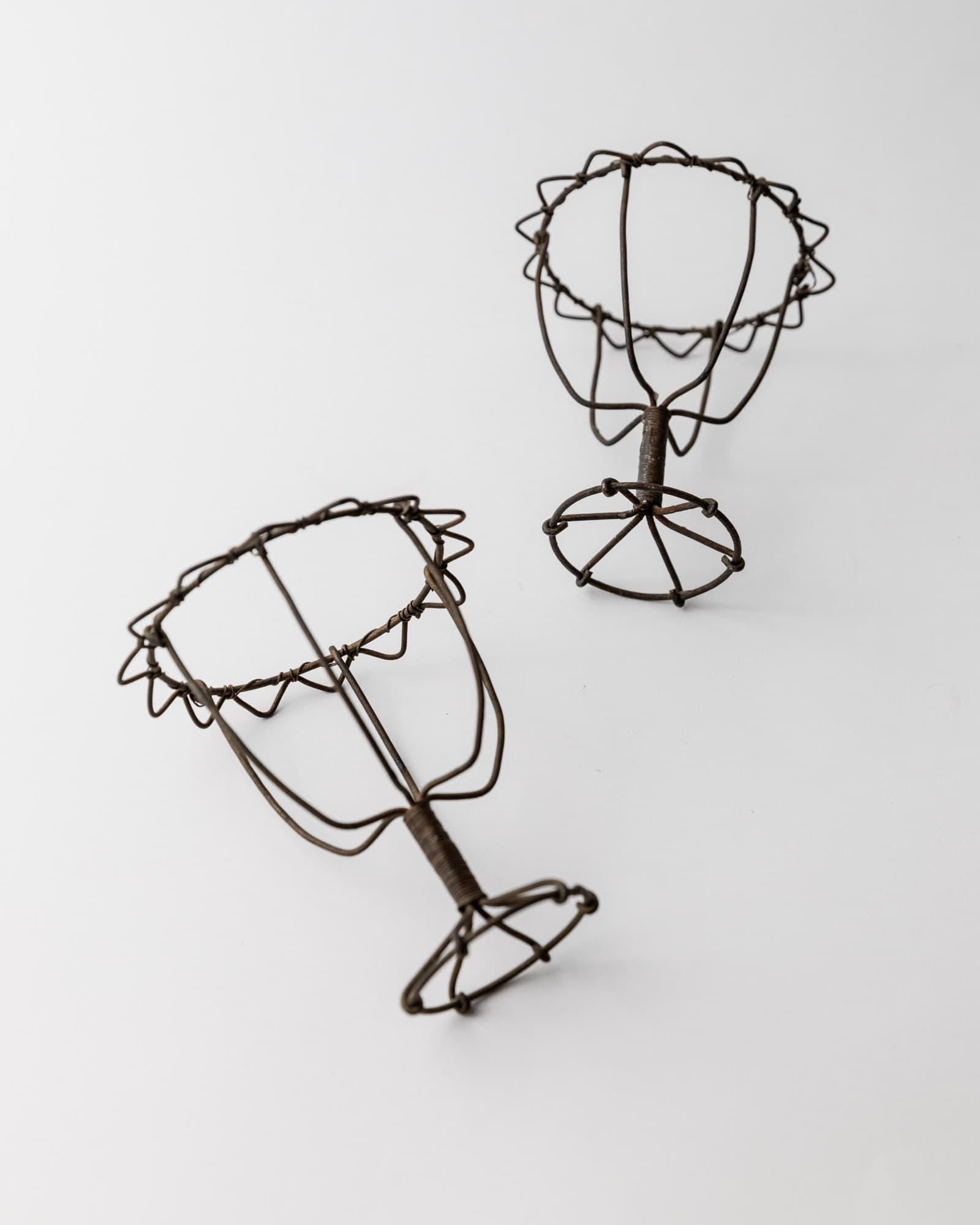 Antique 1850s Iron Wire Candleholder Set of 2, Hand Bent and Woven Metal Design, Antique Folk Craft Object, Elegant Table Decor, Gift Idea_Bottega Jacobs