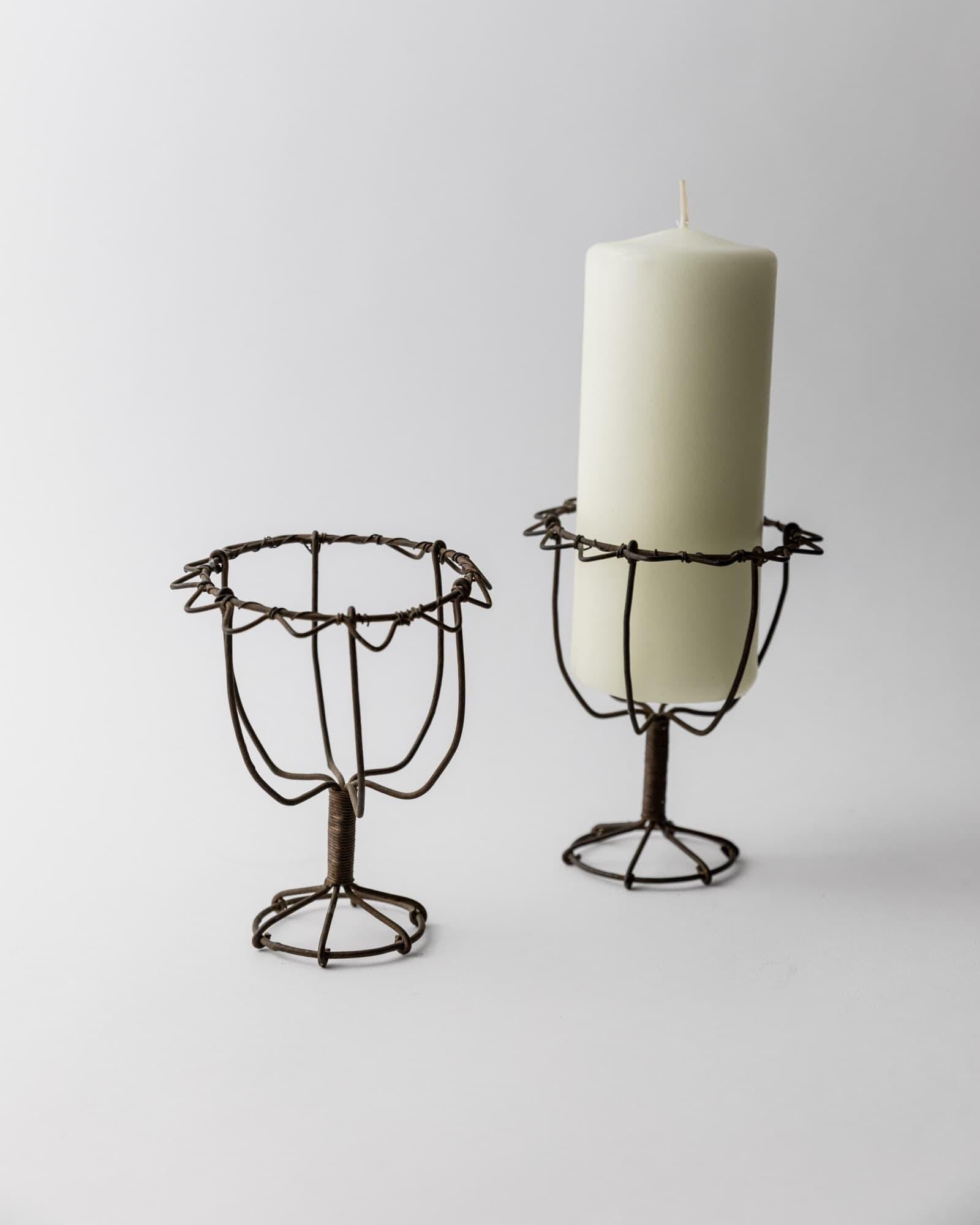Antique 1850s Iron Wire Candleholder Set of 2, Hand Bent and Woven Metal Design, Antique Folk Craft Object, Elegant Table Decor, Gift Idea_Bottega Jacobs