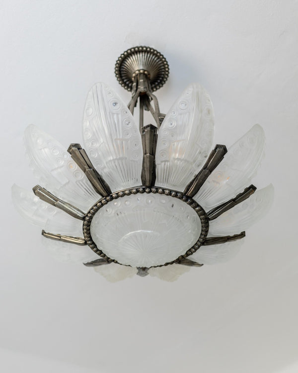 Antique 1930s Art Deco Chandelier, by Georges Leleu France, Grand Museum Piece, Exceptional Glassart, Rare Collector Ceiling Lamp, Bronze and Glass_Bottega Jacobs