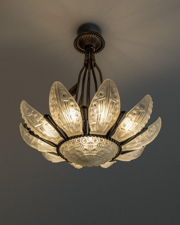Antique 1930s Art Deco Chandelier, by Georges Leleu France, Grand Museum Piece, Exceptional Glassart, Rare Collector Ceiling Lamp, Bronze and Glass_Bottega Jacobs