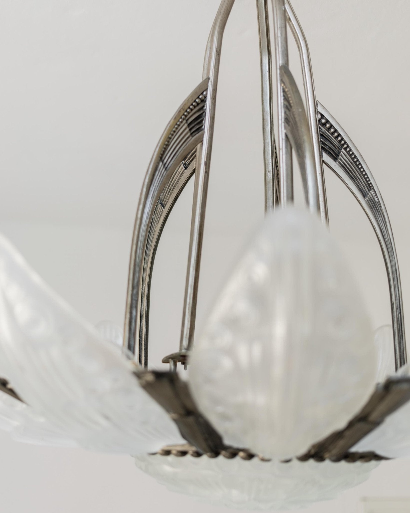 Antique 1930s Art Deco Chandelier, by Georges Leleu France, Grand Museum Piece, Exceptional Glassart, Rare Collector Ceiling Lamp, Bronze and Glass_Bottega Jacobs