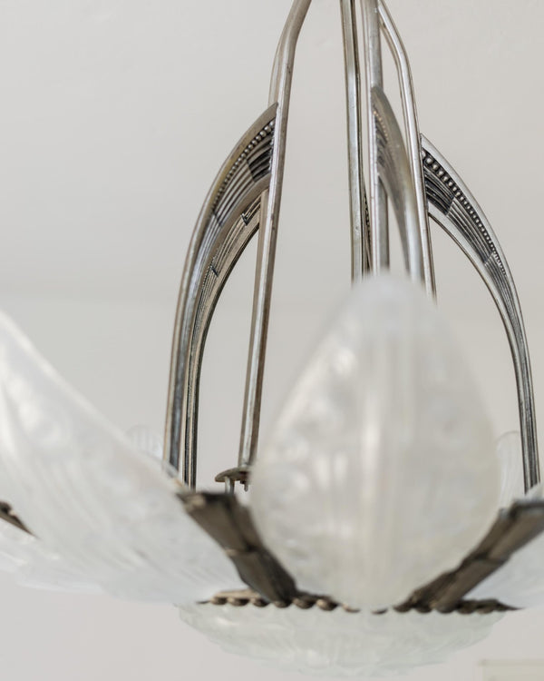 Antique 1930s Art Deco Chandelier, by Georges Leleu France, Grand Museum Piece, Exceptional Glassart, Rare Collector Ceiling Lamp, Bronze and Glass_Bottega Jacobs