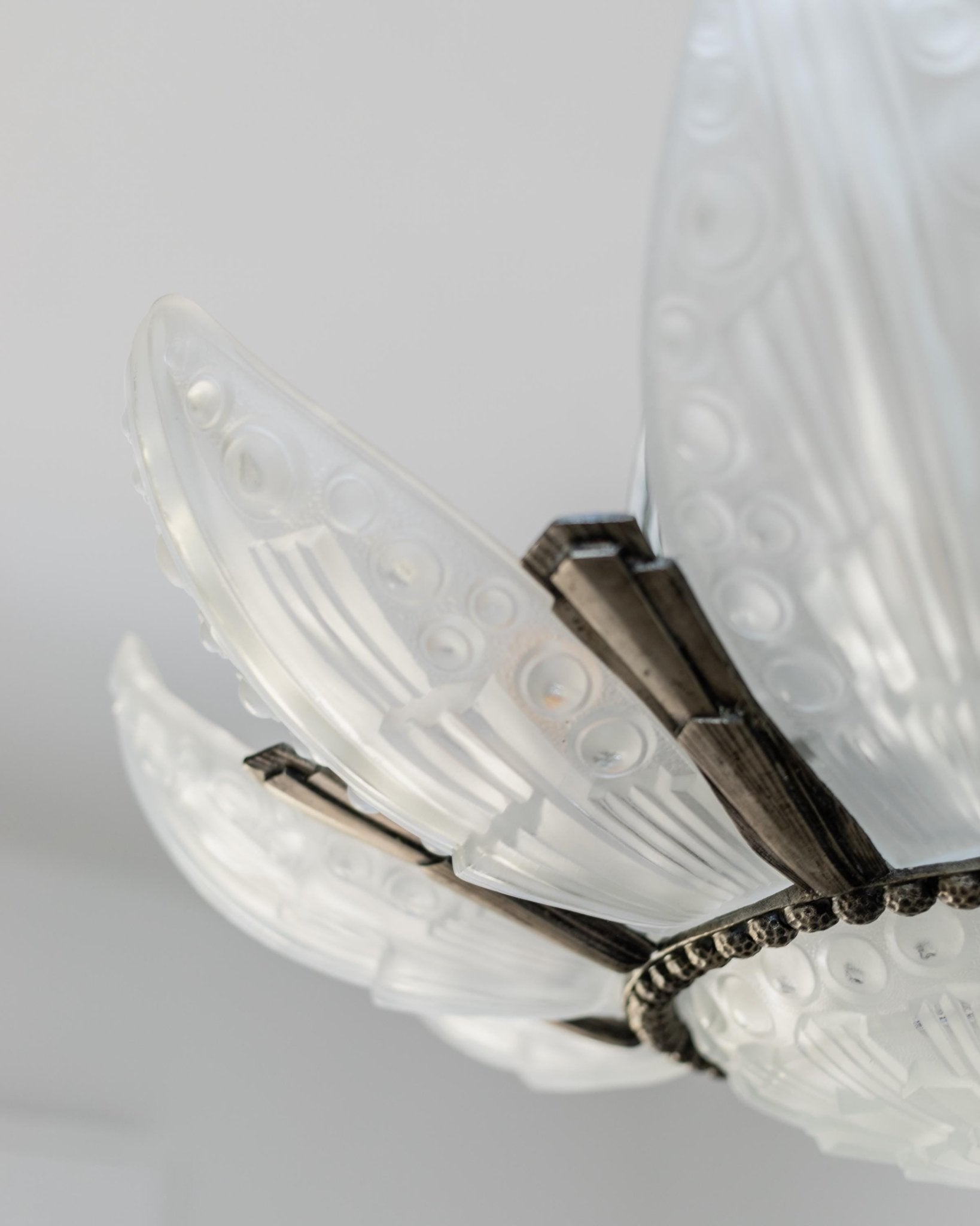 Antique 1930s Art Deco Chandelier, by Georges Leleu France, Grand Museum Piece, Exceptional Glassart, Rare Collector Ceiling Lamp, Bronze and Glass_Bottega Jacobs