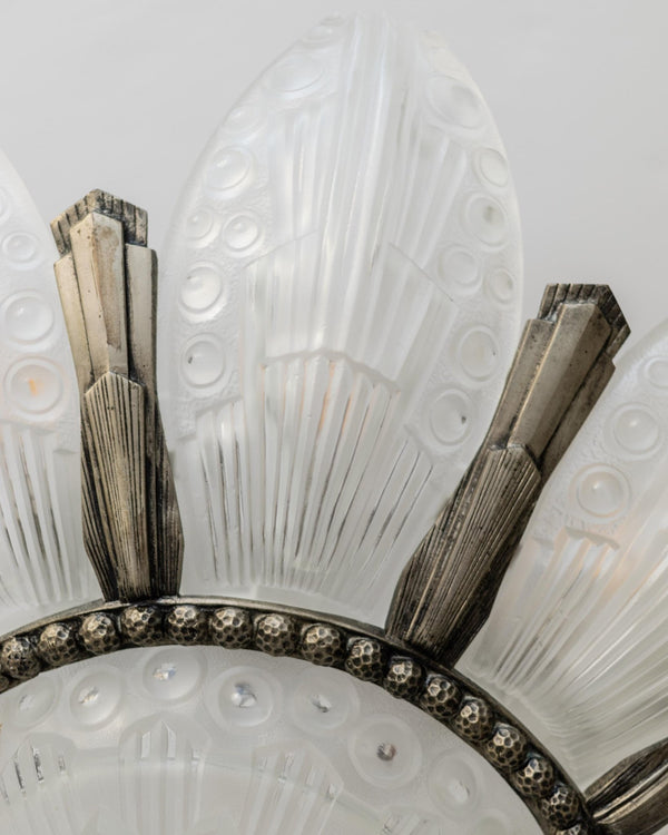 Antique 1930s Art Deco Chandelier, by Georges Leleu France, Grand Museum Piece, Exceptional Glassart, Rare Collector Ceiling Lamp, Bronze and Glass_Bottega Jacobs