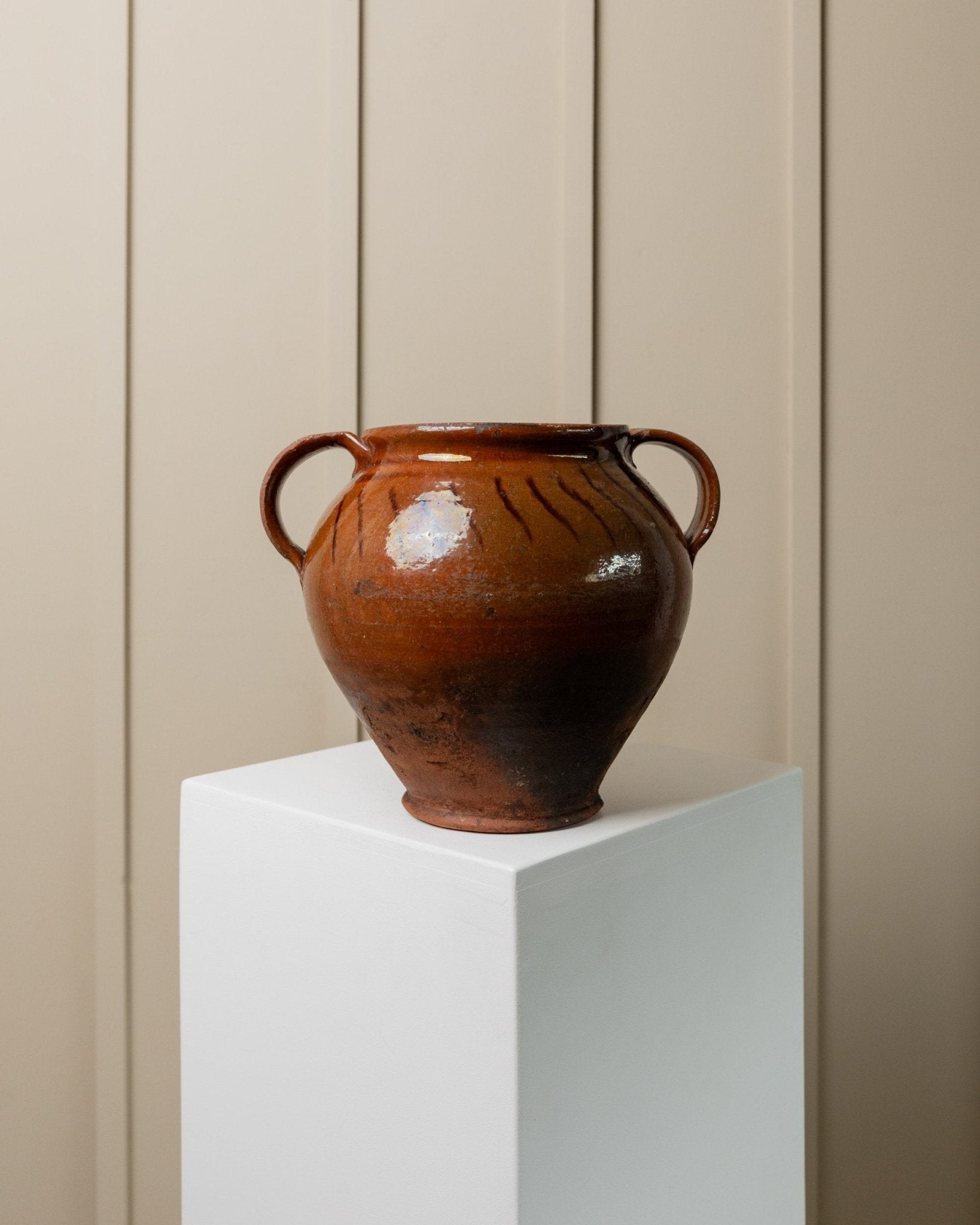 Antique rustic Ceramic confit Pot with Handles - Italy 19th century - vase perfect for farmhouse kitchen decoration, gift idea - Bottega Jacobs