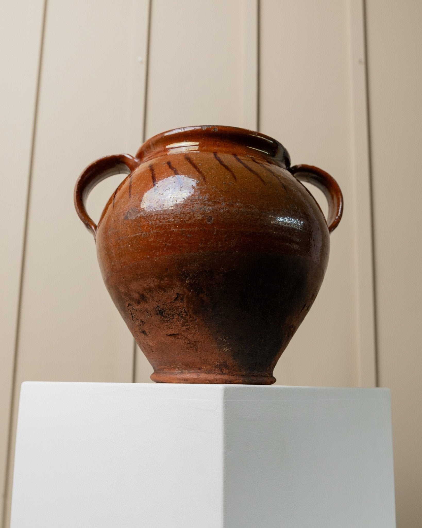 Antique rustic Ceramic confit Pot with Handles - Italy 19th century - vase perfect for farmhouse kitchen decoration, gift idea - Bottega Jacobs
