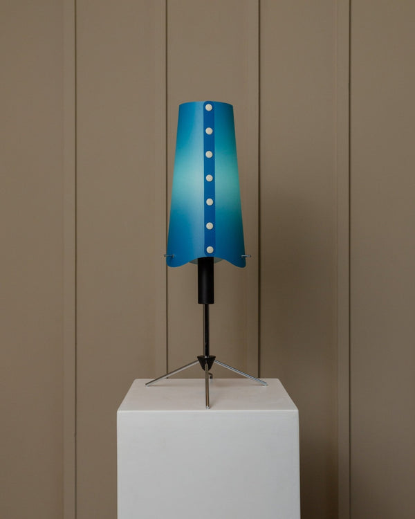 Blue vintage table lamp 80s Memphis style Italy, adjustable metal frame in black and chrome, lampshade with buttons - Bottega Jacobs