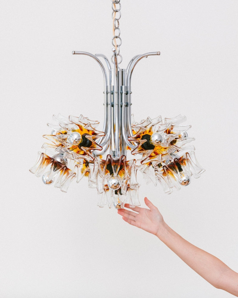 Carlo Nason for Mazzega Chandelier - Murano flowers lampshades - Hollywood Regency - 1970s - Bottega Jacobs