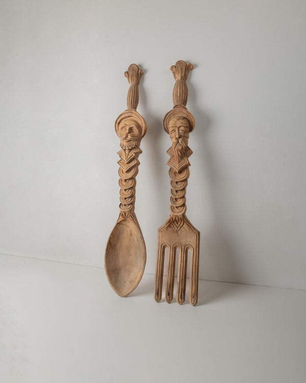 Giant vintage wooden cutlery - XXL wall decoration hand carved spoon and fork - country house decoration Italy 1960s - gift special - Bottega Jacobs
