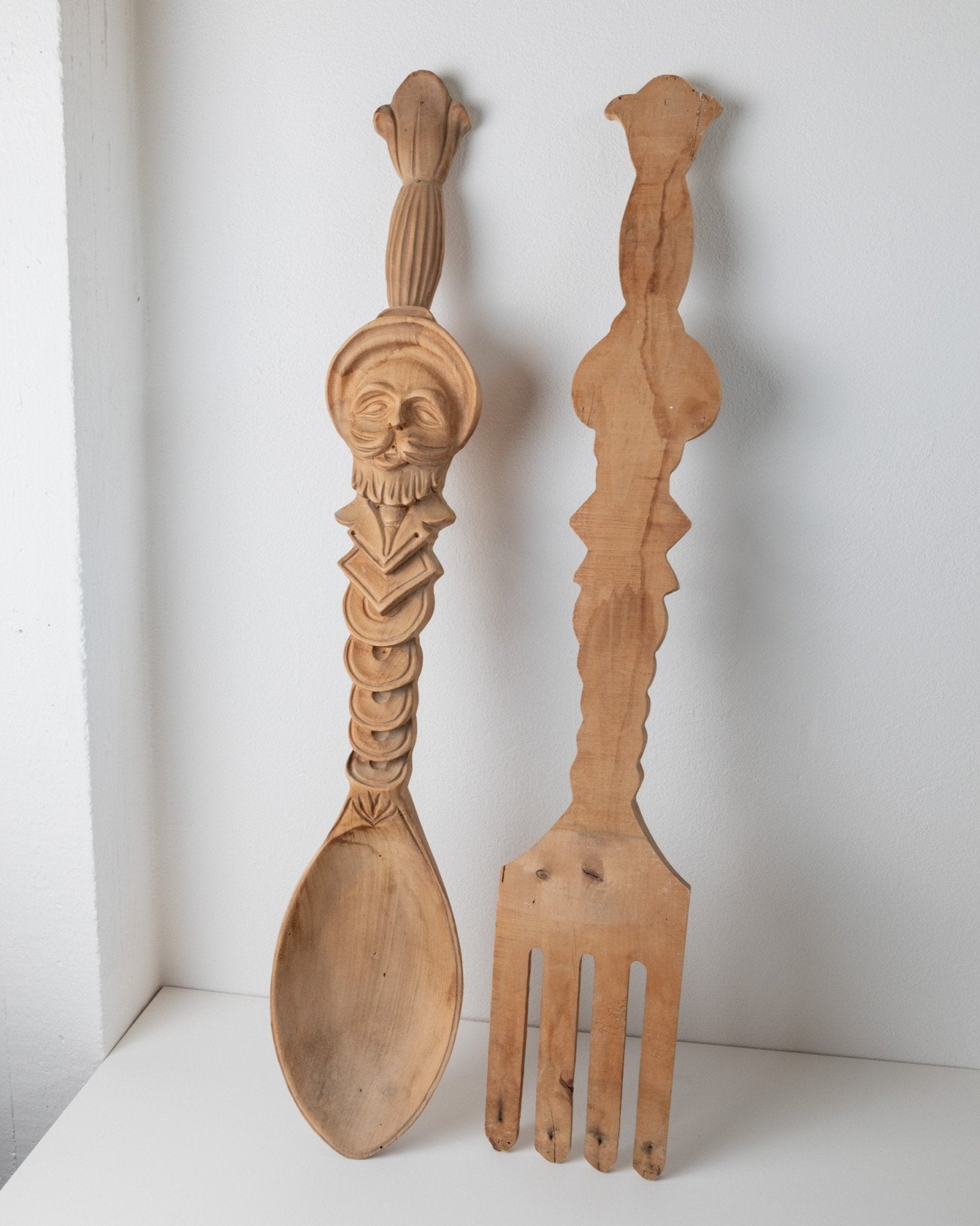 Giant vintage wooden cutlery - XXL wall decoration hand carved spoon and fork - country house decoration Italy 1960s - gift special - Bottega Jacobs