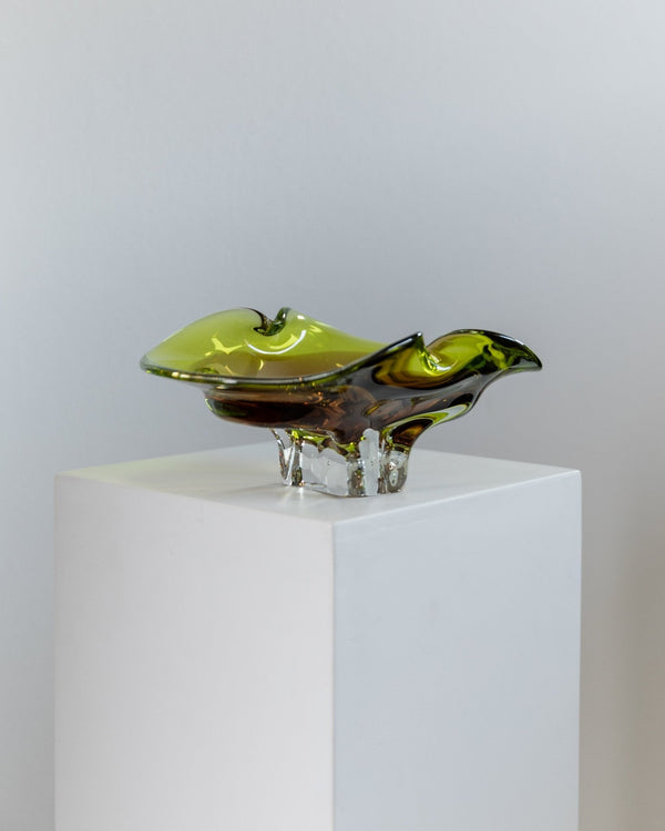 Large vintage Murano glass bowl - green and brown - elegant mid - century design Italy 1970s - decorative glass art colourful, gift idea - Bottega Jacobs