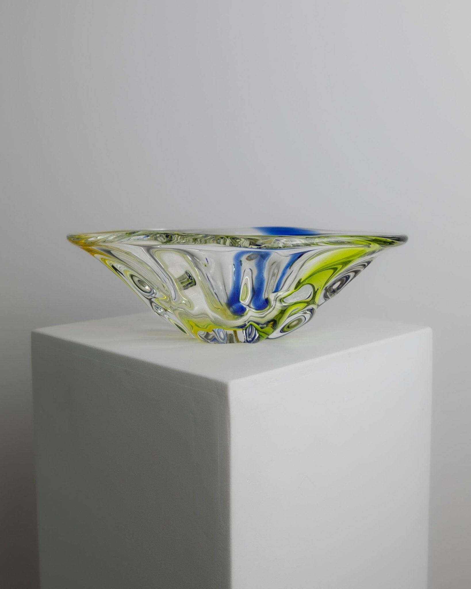 Large Vintage Murano Glass Bowl - Oval Organic Shape, Clear Glass with Blue and Yellow - Design Italy 1970s - Elegant Table Decor, Gift Idea_Bottega Jacobs