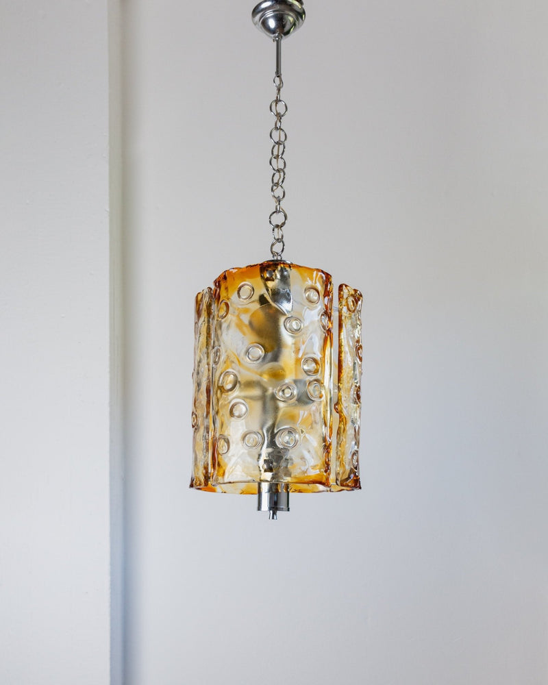 Large vintage Murano glass ceiling lamp by Toni Zuccheri for Mazzega - Italy 1970s - clear and orange glass, chrome - MCM chandelier - Bottega Jacobs