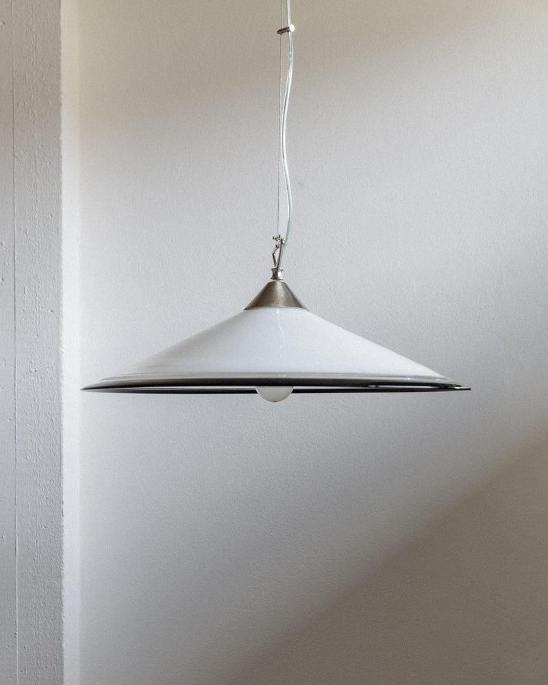 Large Vintage Murano Glass Ceiling Light - Timeless Shape, White Glass with Black Rim, Stainless Steel - Italy 1970s - Kitchen Lamp, Gift_Bottega Jacobs