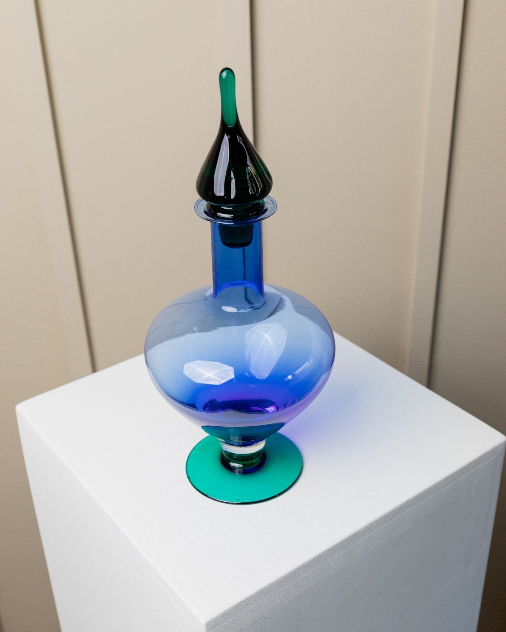 Murano glass vase, decanter, carafe - green blue with glass stopper - Mid Century Design Italy 1970s - Bottega Jacobs