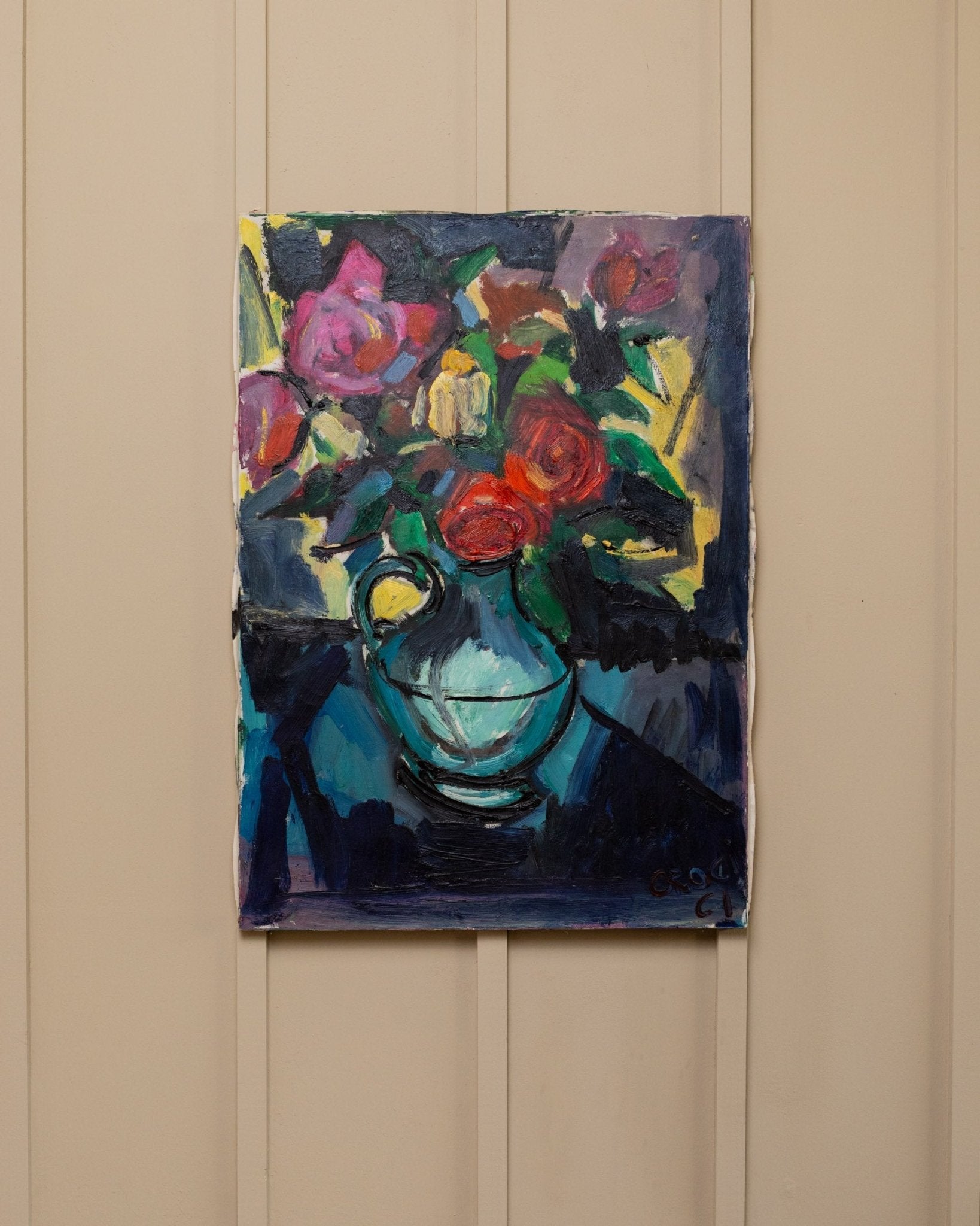 Original vintage oil painting flower motif - Italy 1970s - oil paint on wood - naive art, still life - wall decoration, gift idea - Bottega Jacobs