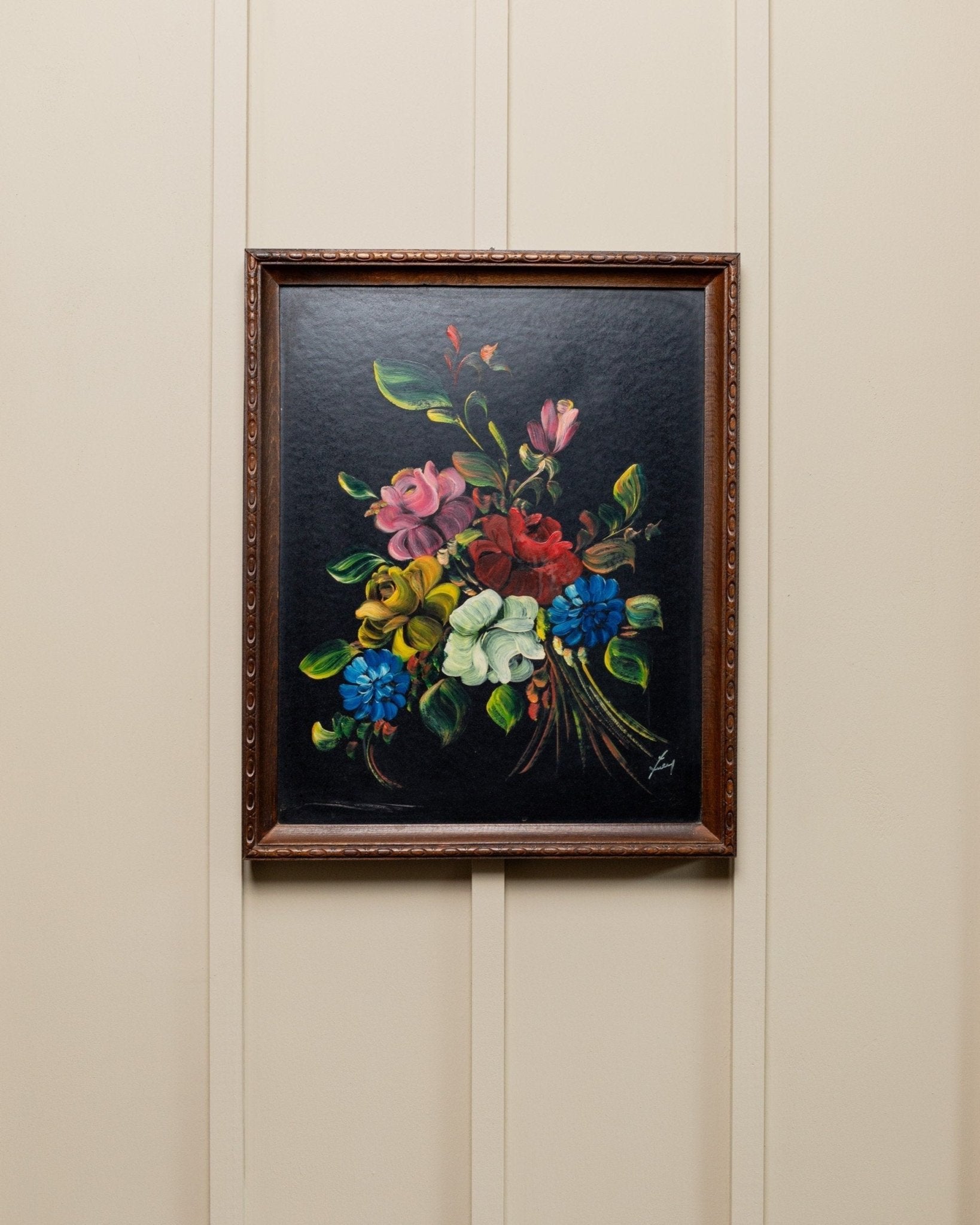Original vintage painting - oil painting flower bouquet - dramatic colors - in original wooden frame - Italy 1960s - Bottega Jacobs