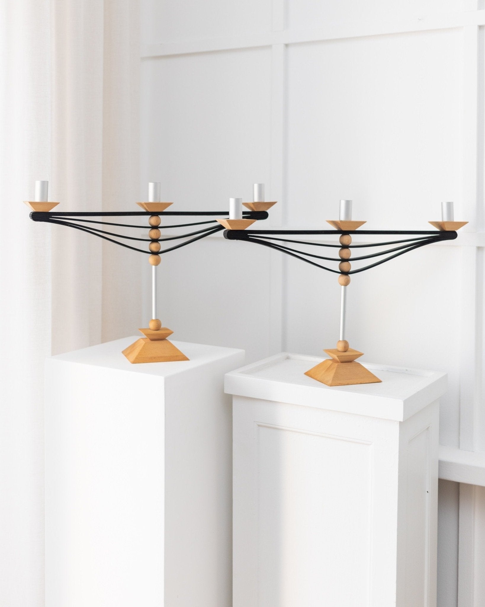 Set of 2 candle holders made of wood and aluminum - Prototypes - Made in Italy - 1970s - Bottega Jacobs