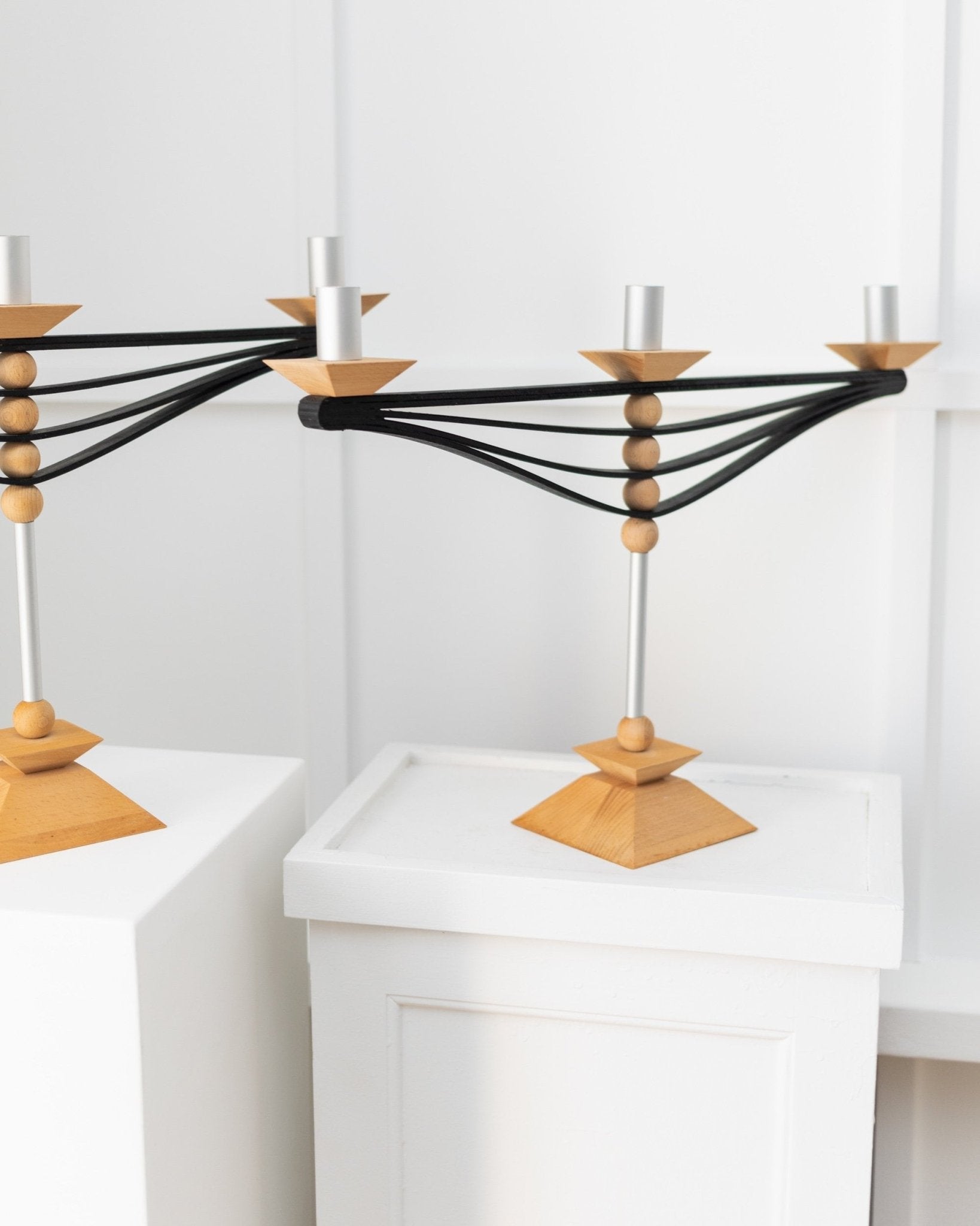 Set of 2 candle holders made of wood and aluminum - Prototypes - Made in Italy - 1970s - Bottega Jacobs