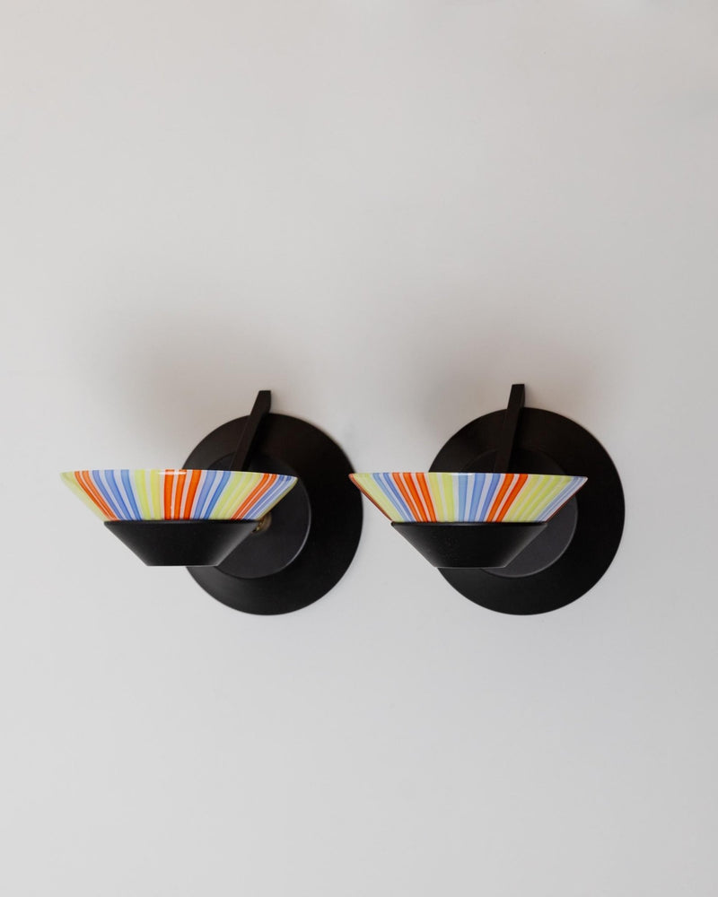 Set of 2 Vintage Murano Glass Wall Lamps - Colorful Striped Glass, Black Holders - Italy Memphis Style 1980s - Decorative Sconces, Gift Idea_Bottega Jacobs