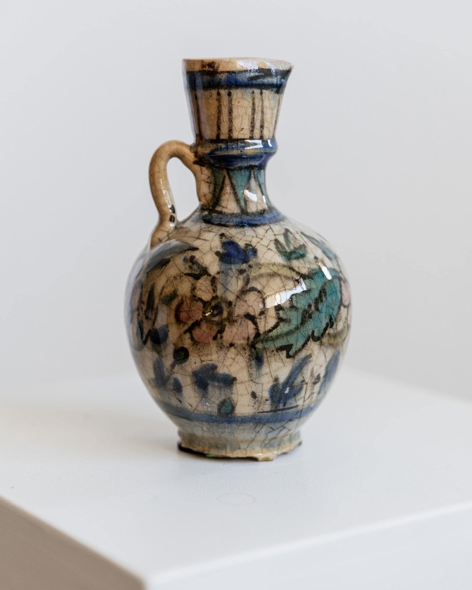 Vintage 18th Century Ceramic Vase, Hand Painted Near Eastern Design with Floral Pattern and Handle, Small Decorative Art Object, Gift Idea_Bottega Jacobs
