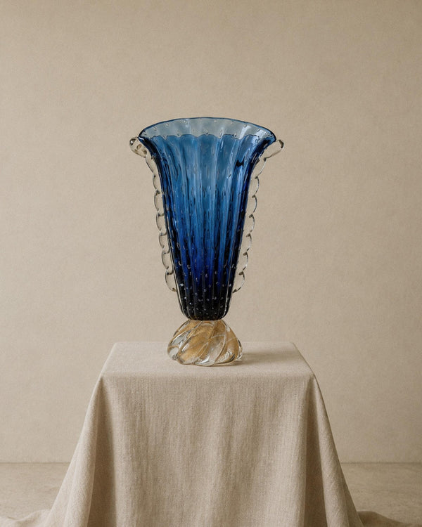 Vintage 19060s Murano Glass Vase by Barovier, Royal Blue with Gold, Bubble Glass, Twisted Texture, Italian Art Glass, Elegant Gift Idea_Bottega Jacobs