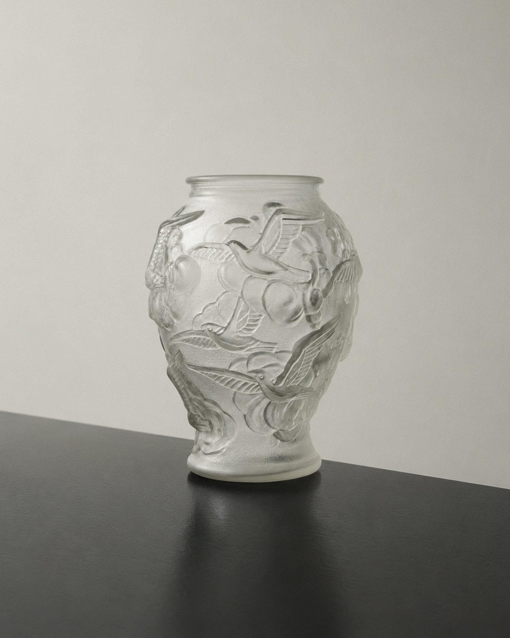 Vintage 1930s Art Deco Pressed Glass Vase by Josef Inwald, Czech, Swallow Relief, Frosted Glass, Antique Home Decor, Timeless Gift Idea_Bottega Jacobs