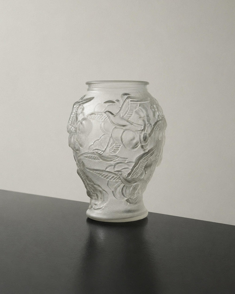 Vintage 1930s Art Deco Pressed Glass Vase by Josef Inwald, Czech, Swallow Relief, Frosted Glass, Antique Home Decor, Timeless Gift Idea_Bottega Jacobs