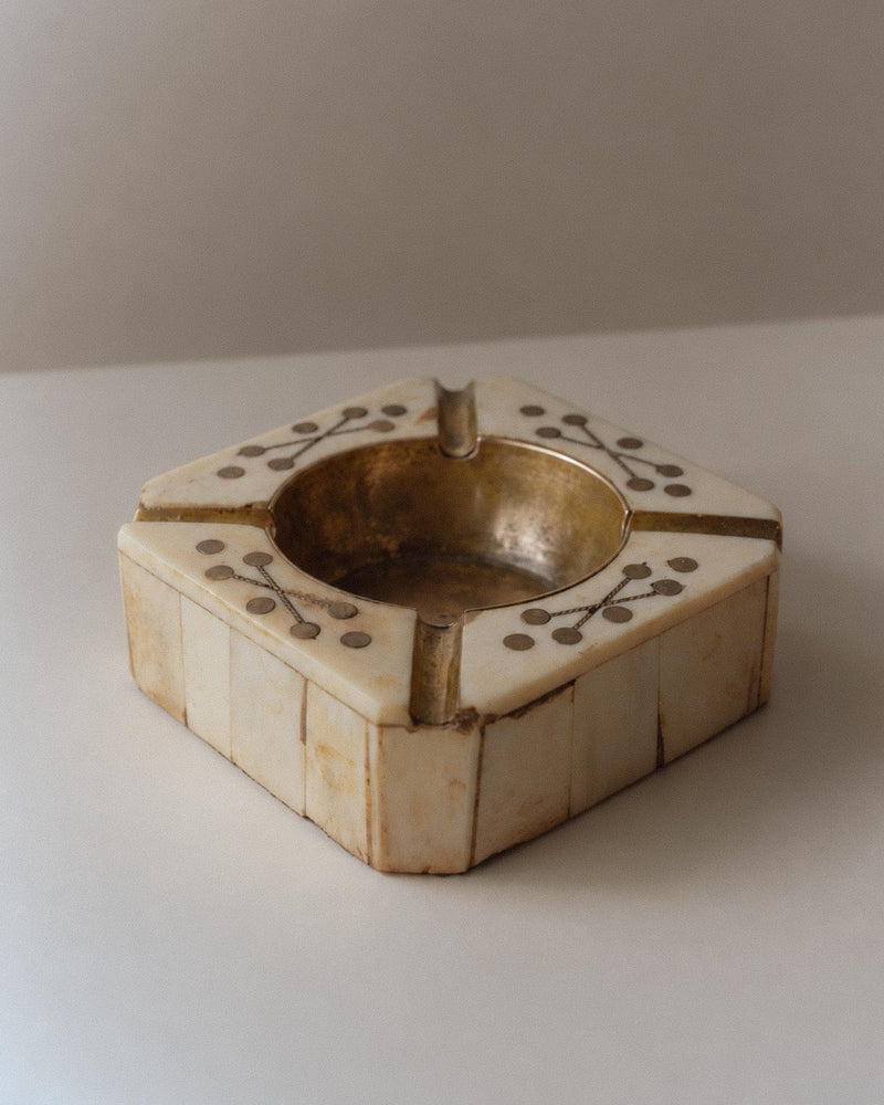 Vintage 1930s Ashtray, Camel Bone and Brass with Fine Inlay Details, Traditional Moroccan Handcrafted Ethnic Table Decor, Timeless Gift Idea