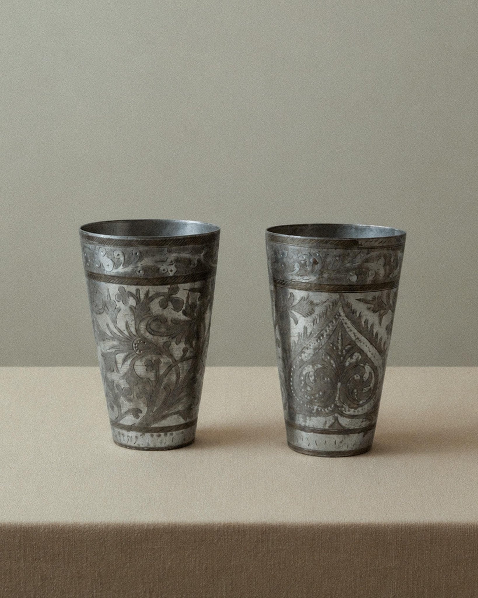 Vintage 1930s Silver Plated Brass Drinking Cups Set of 2, Hand Hammered Eastern Craftsmanship, Ornate Metalwork for Drinks, Gift Idea_Bottega Jacobs