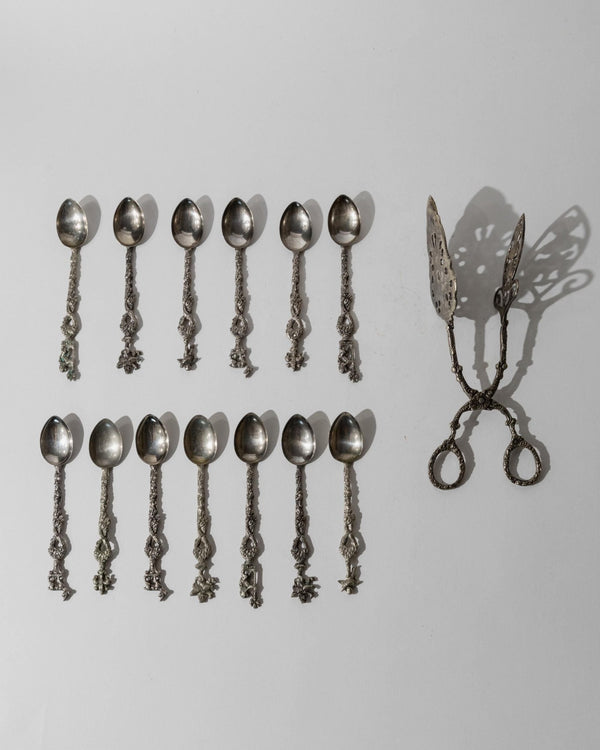 Vintage 1930s Silver Plated Tea and Cake Serving Set, 13 Ornate Spoons with Heraldic Figures and 1 Cake Server, Italian Tableware, Gift Idea_Bottega Jacobs