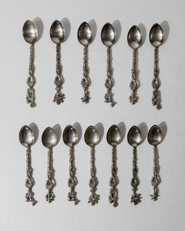 Vintage 1930s Silver Plated Tea and Cake Serving Set, 13 Ornate Spoons with Heraldic Figures and 1 Cake Server, Italian Tableware, Gift Idea_Bottega Jacobs