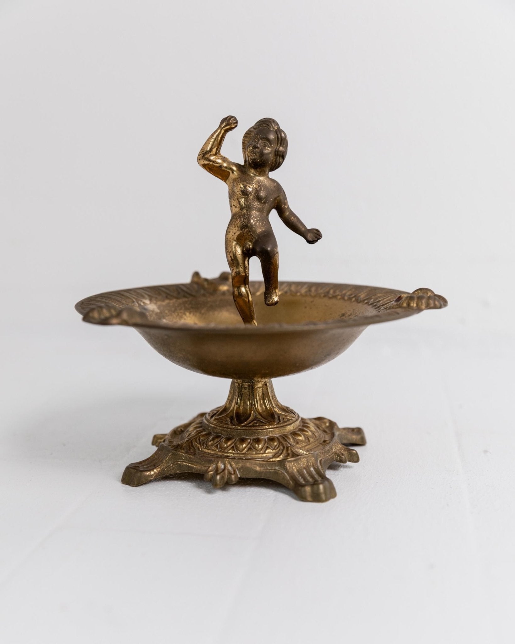 Vintage 1940s Brass Ashtray, Nude Boy Figurine on Footed Base, Romantic Sculptural Design, Decorative Table Accent, Elegant Gift Idea_Bottega Jacobs