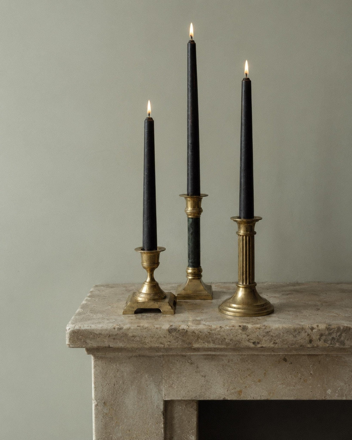 Vintage 1940s Brass Candleholders Set of 3, Mixed Shapes, Classic Antique Design, Retro Table Decor, Elegant Gift Idea_Bottega Jacobs