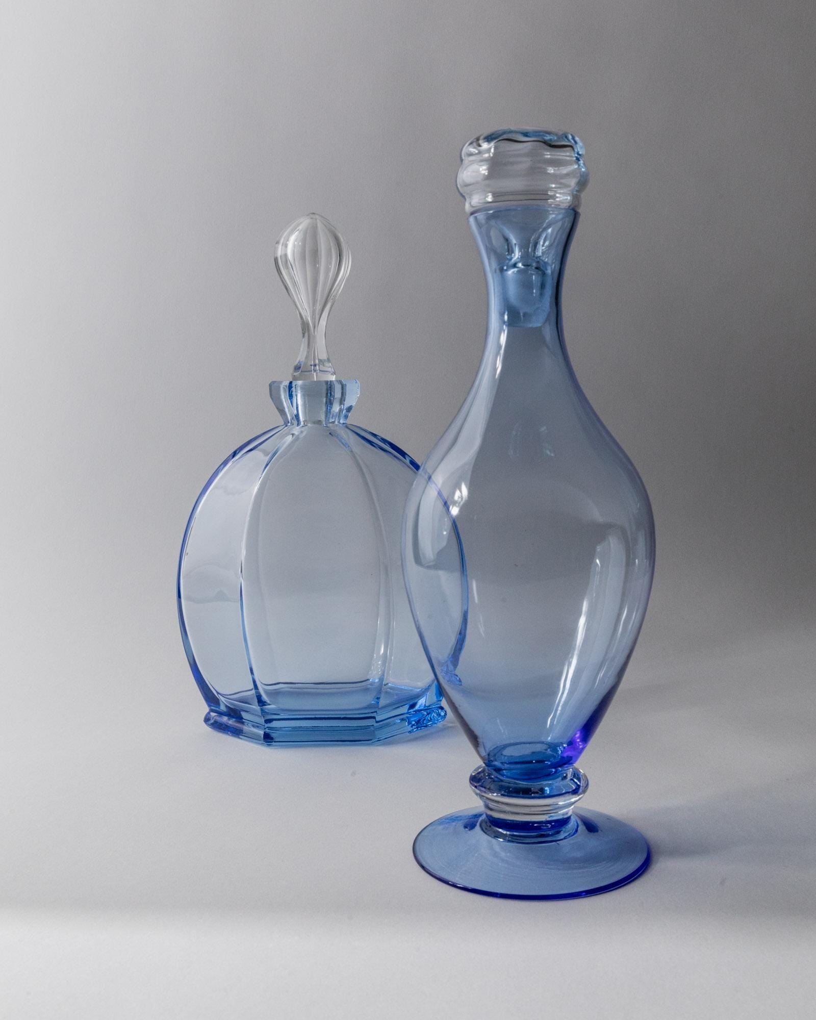 Vintage 1940s Murano Glass Decanter Set of 2, Blue Art Glass with Stoppers, Different Sculptural Shapes, Elegant Italian Decor, Gift Idea_Bottega Jacobs