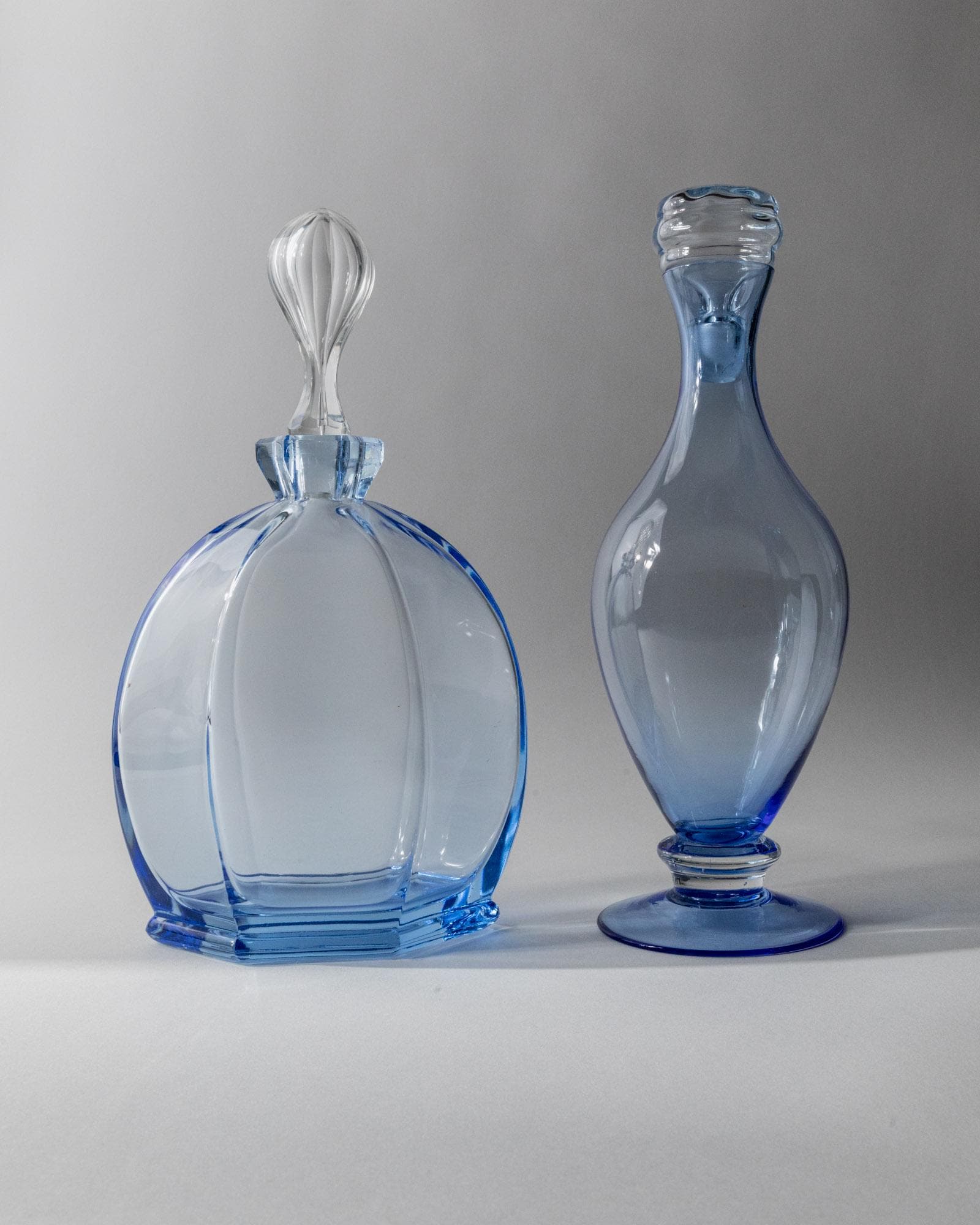 Vintage 1940s Murano Glass Decanter Set of 2, Blue Art Glass with Stoppers, Different Sculptural Shapes, Elegant Italian Decor, Gift Idea_Bottega Jacobs