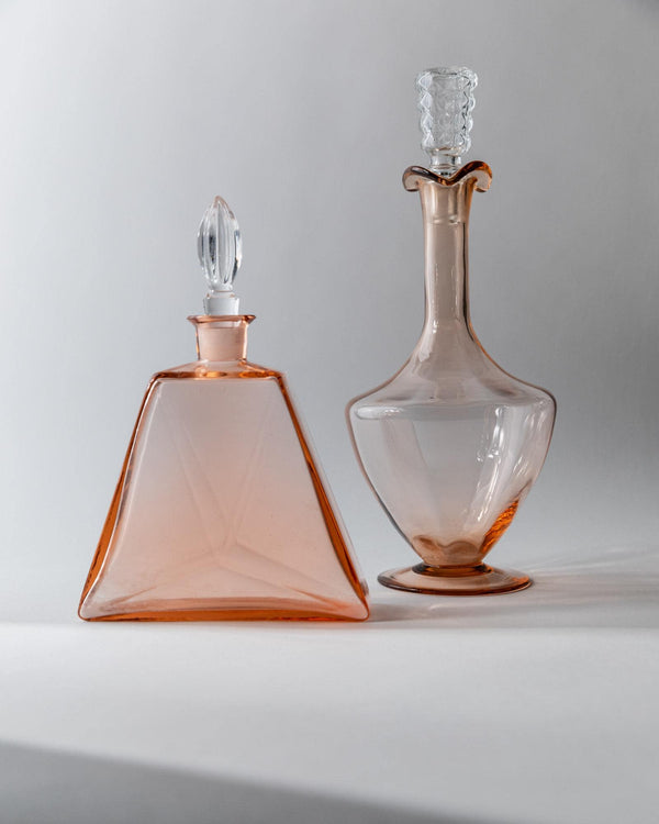 Vintage 1940s Murano Glass Decanter Set of 2, Rosalin Glass with Stoppers, Different Sculptural Shapes, Elegant Italian Decor, Gift Idea_Bottega Jacobs