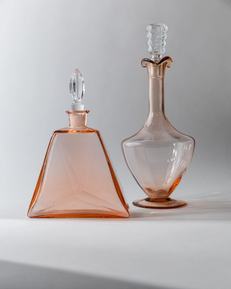 Vintage 1940s Murano Glass Decanter Set of 2, Rosalin Glass with Stoppers, Different Sculptural Shapes, Elegant Italian Decor, Gift Idea_Bottega Jacobs