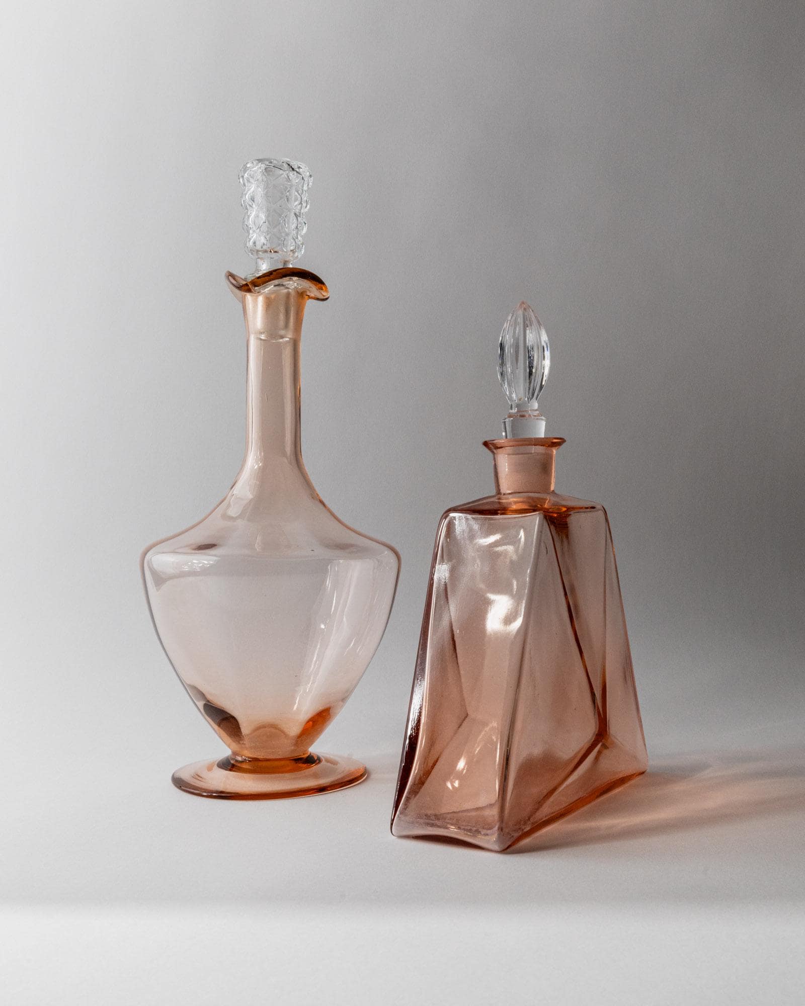 Vintage 1940s Murano Glass Decanter Set of 2, Rosalin Glass with Stoppers, Different Sculptural Shapes, Elegant Italian Decor, Gift Idea_Bottega Jacobs