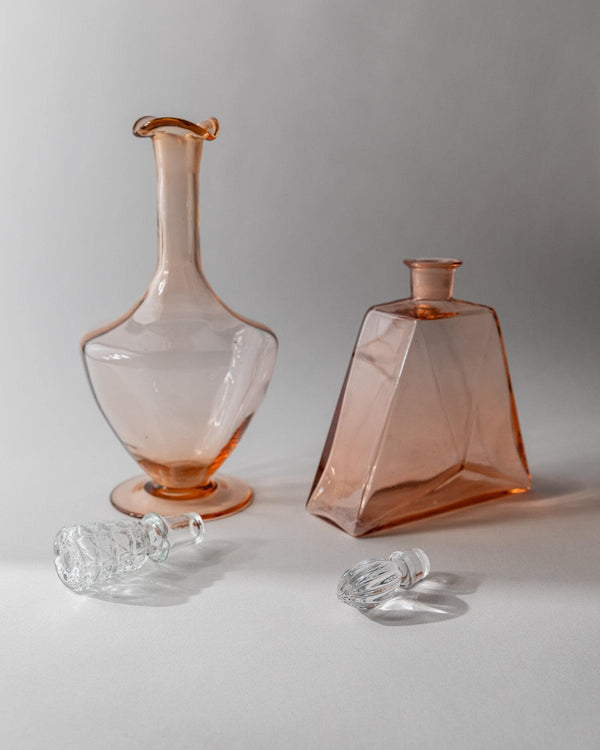 Vintage 1940s Murano Glass Decanter Set of 2, Rosalin Glass with Stoppers, Different Sculptural Shapes, Elegant Italian Decor, Gift Idea_Bottega Jacobs