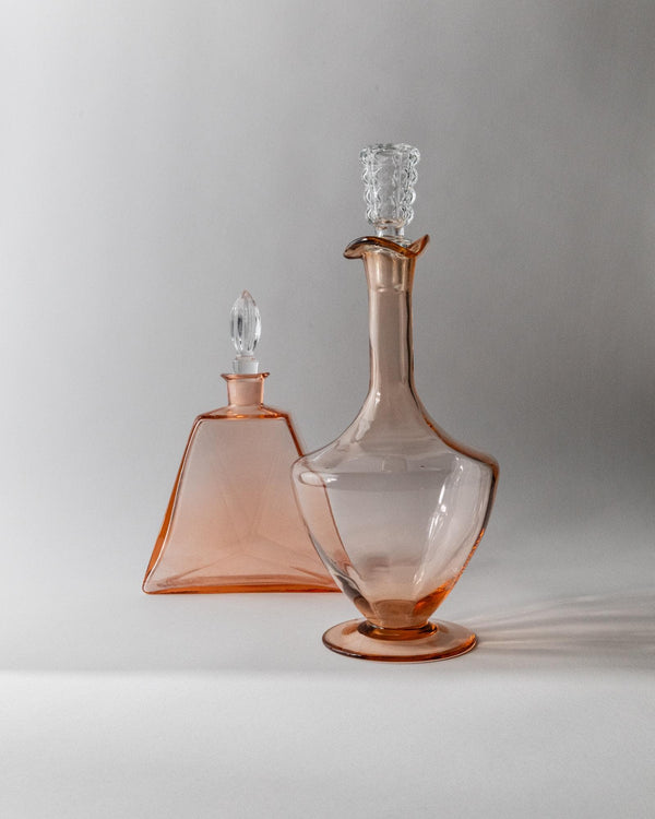 Vintage 1940s Murano Glass Decanter Set of 2, Rosalin Glass with Stoppers, Different Sculptural Shapes, Elegant Italian Decor, Gift Idea_Bottega Jacobs