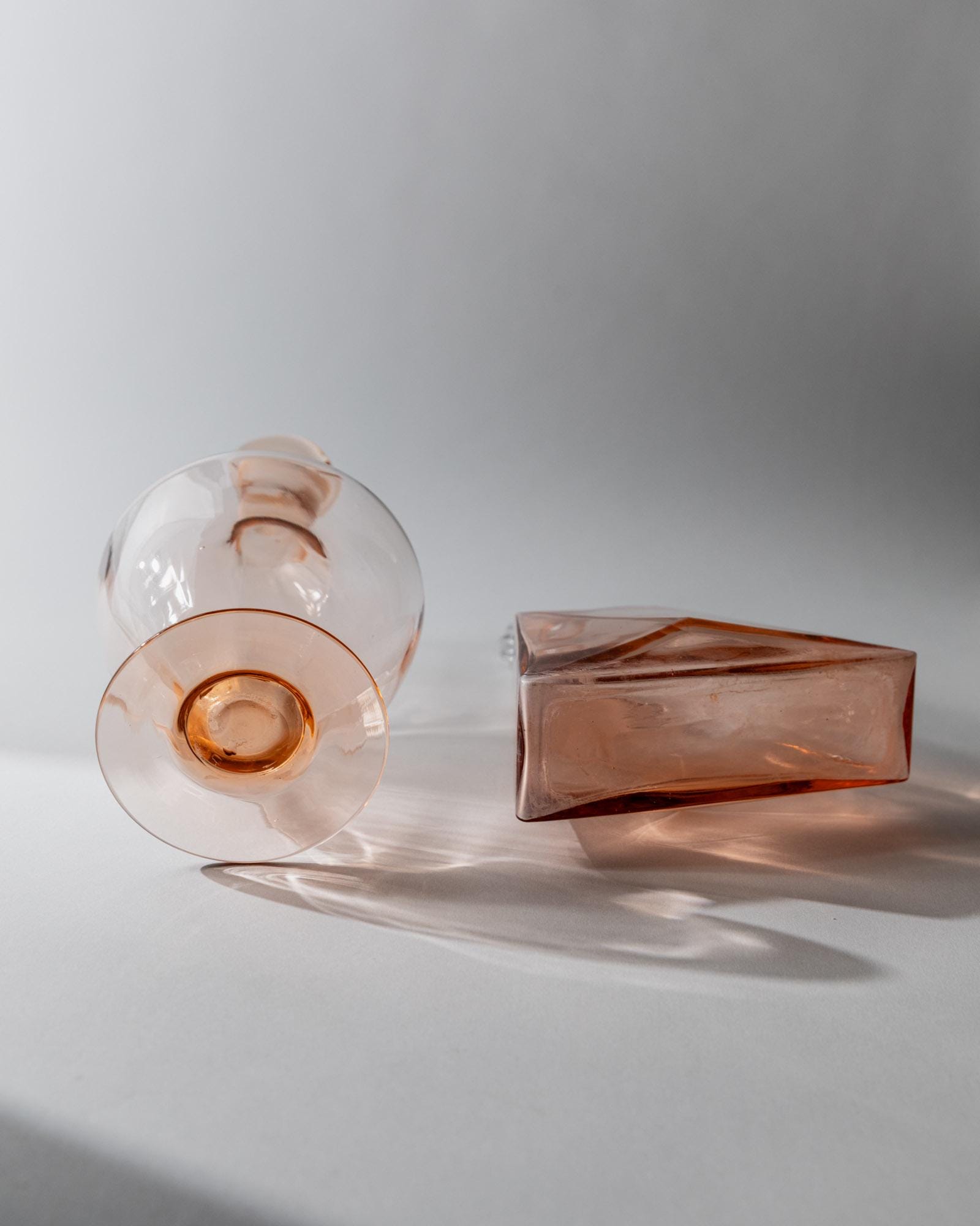 Vintage 1940s Murano Glass Decanter Set of 2, Rosalin Glass with Stoppers, Different Sculptural Shapes, Elegant Italian Decor, Gift Idea_Bottega Jacobs
